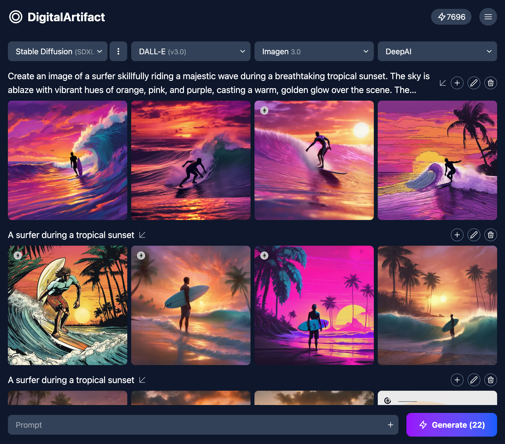 DigitalArtifact interface showing surfer images at sunset